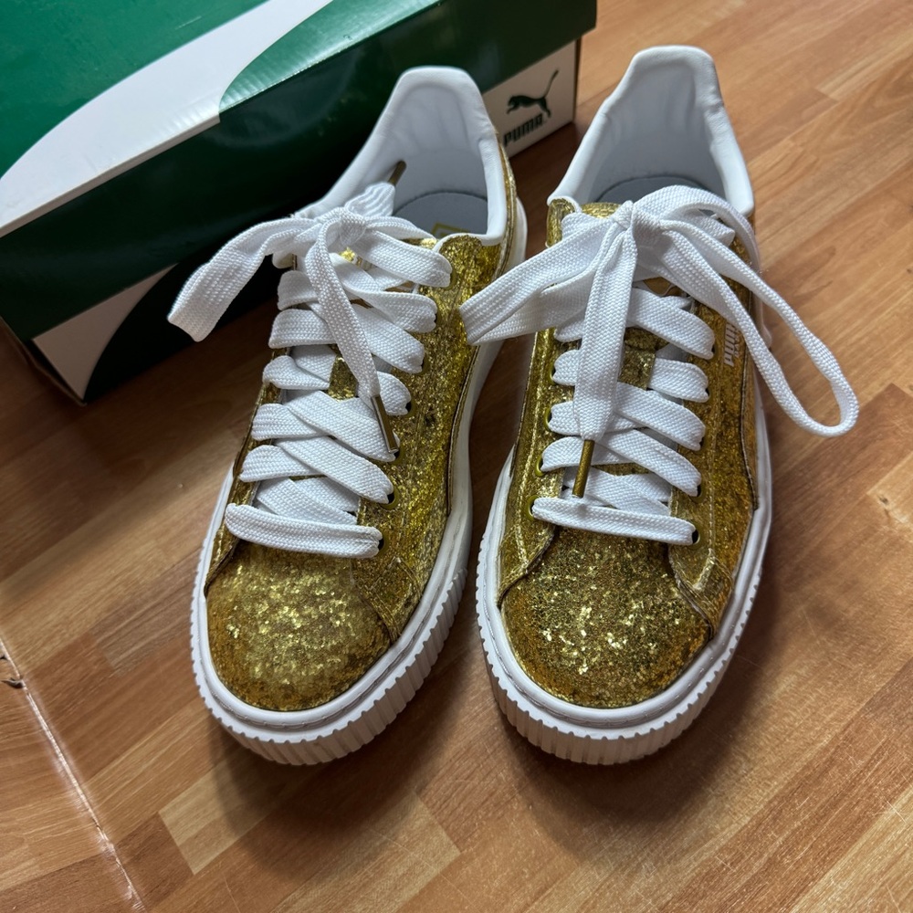 Puma basket platform glitter gold sneakers size 8.5 - Picture 3 of 14